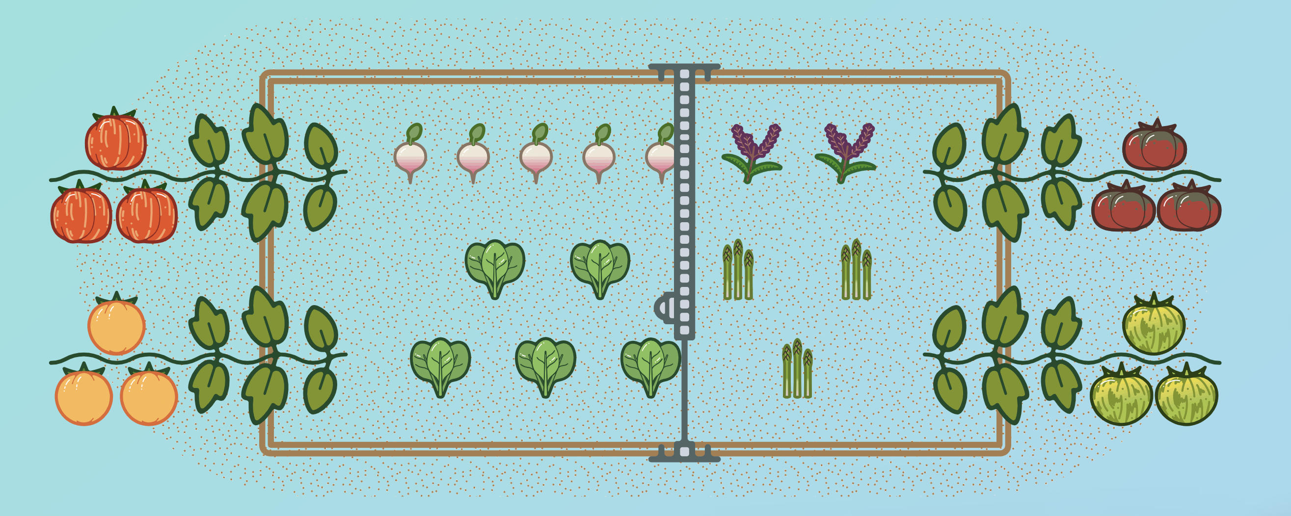 illustration of farmbot with vines at the ends of the bed